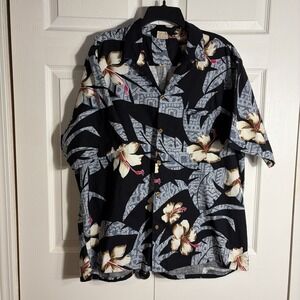 Vintage Barefoot In Paradise Hawaiian Shirt Men XXL Black Blue 70s Tropical USA